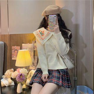 Peter Pan Collar Embroidered Top + Plaid Mini Skirt With Inset Shorts