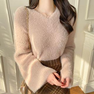 V-neck Slit-cuff Furry Knit Top
