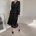 Wrap-front Crinkled Long Tiered Dress