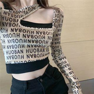 Lettering Mock Two-piece Velvet Crop Top Almond - One Size