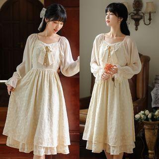Puff Long-sleeve Panel Bow Accent Midi A-line Dress