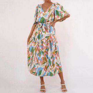 Flared-sleeve Leaf Print Midi A-line Dress