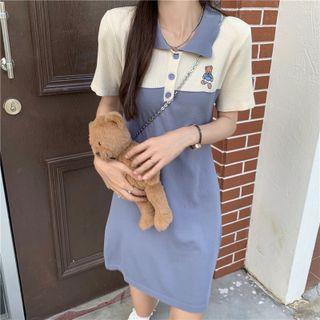 Short-sleeve Bear Print Mini Sheath Polo Dress