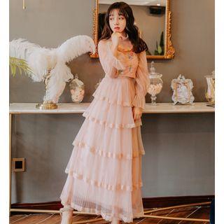 Set: Strappy Tiered Maxi Dress + Long-sleeve Blouse