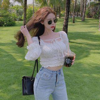 Ruched 3/4-sleeve Cropped Blouse As Shown In Figure - One Size