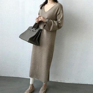 V-neck Long Sweater Dress With Sash