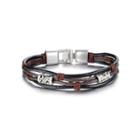Vintage Simple Patterned Round Bead Multilayer Leather Bracelet Silver - One Size