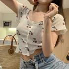 Short-sleeve Cherry Print Knit Top White - One Size