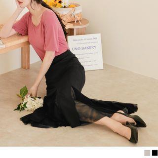 High Waist Mesh Panel Mermaid Midi Skirt