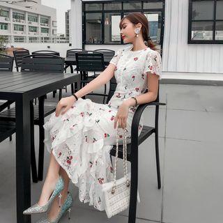 Cherry Embroidered Lace Short-sleeve Midi Dress