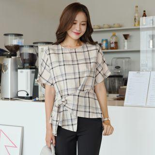 Dolman-sleeve Knotted Plaid Blouse