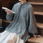 Puff Sleeve Plaid Lace-up Oversized Blouse Black & White - One Size
