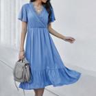 Short-sleeve Lace Trim Plain Midi A-line Dress