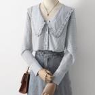 Long-sleeve Wide-collar Frill Trim Check Blouse