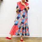 Ruffle Trim Short-sleeve Patterned Maxi A-line Dress