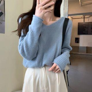 Long-sleeve V-neck Furry Knit Top