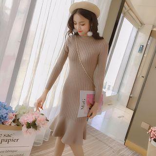 Long-sleeve Ruffle Hem Bodycon Knit Dress