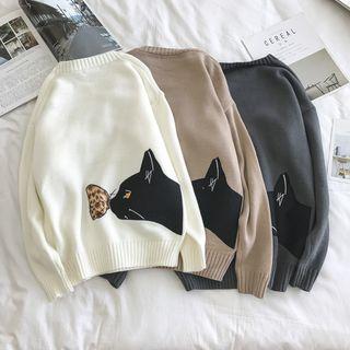 Round Neck Cat Embroidered Sweater