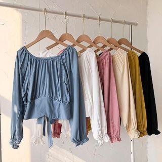 Long-sleeve Round-neck Plain Lace-up Blouse