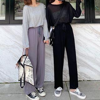 Plain Long Sleeve T-shirt / Drawstring Wide Leg Pants