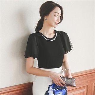 Bell-sleeve Embellished Chiffon Top
