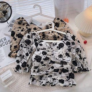 Short-sleeve Ruffle-trim Print Blouse