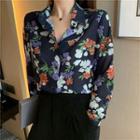Long-sleeve Floral Print Shirt Navy Blue - One Size