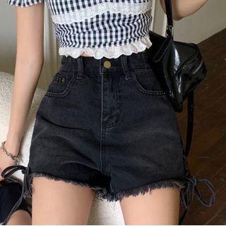 Fray Hem Lace-up High Waist Denim Wide Leg Shorts