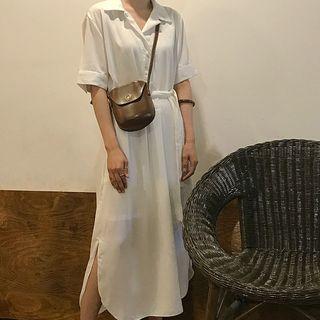 Short-sleeve V-neck Elastic-waist Dress