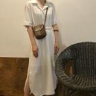Short-sleeve V-neck Elastic-waist Dress