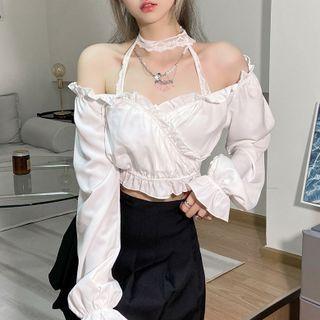 Cold-shoulder Lace Trim Cropped Blouse