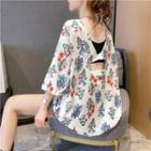 3/4-sleeve Open Back Floral T-shirt