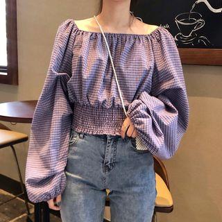 Smocked Waist Lantern-sleeve Cropped Top Purple - One Size