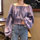 Smocked Waist Lantern-sleeve Cropped Top Purple - One Size