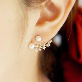 Faux Pearl Rhinestone 925 Sterling Silver Leaf Earring
