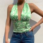 Halter-neck V-neck Plain Crop Top / Print Pants