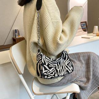Zebra Print Canvas Shoulder Bag White - One Size