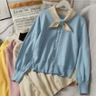 Contrasted Ribbon-neckline Button-up Knit Top In 6 Colors