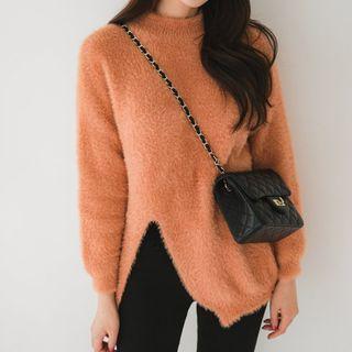 Slit-front Furry Knit Sweater