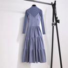 Mock-neck Long-sleeve Knit Top / Midi Pinafore Dress / Set