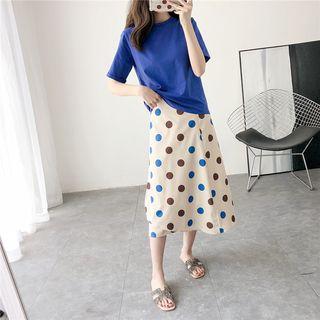Set: Plain T-shirt + Polka-dot A-line Skirt