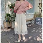 Long-sleeve V-neck Plain Knit Cardigan / Mesh Midi Skirt