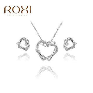 Set: Rhinestone Interlocking Heart Pendant Necklace + Earring Set Of 2 - Silver - One Size