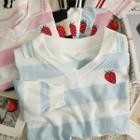 Collared Strawberry-embroidered Striped Loose T-shirt In 6 Colors