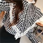 Lace-grim Ruffled Gingham Blouse Black - One Size