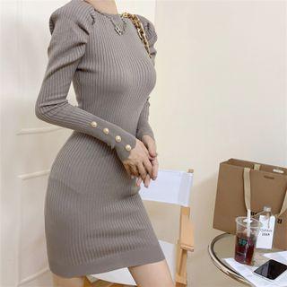 Puff-sleeve Ribbed Knit Mini Sheath Dress