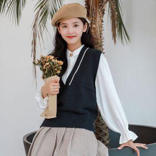 V Neck Color-block Knit Sleeveless Sweater