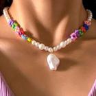 Faux Pearl Necklace Purple & Green & Pink - One Size