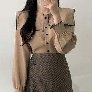 Long-sleeve Contrast Trim Wide Collar Buttoned Top