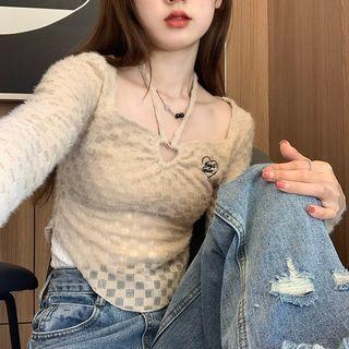 Long-sleeve Heart Embroidered Check Top